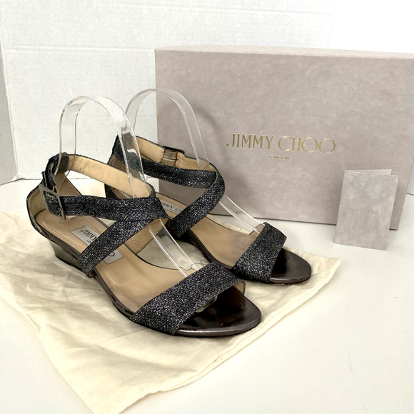 Jimmy Choo Shoes - JIMMY CHOO Sandal Chiara Anthracite Leather Glitter Wedge Silver Metallic 37.5